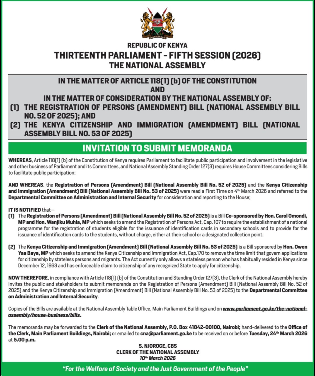 Invitation for memoranda